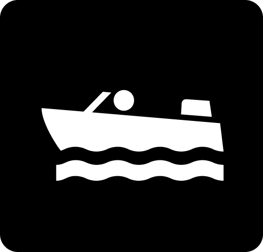 Simple black and white icon of a boat sailing on water.